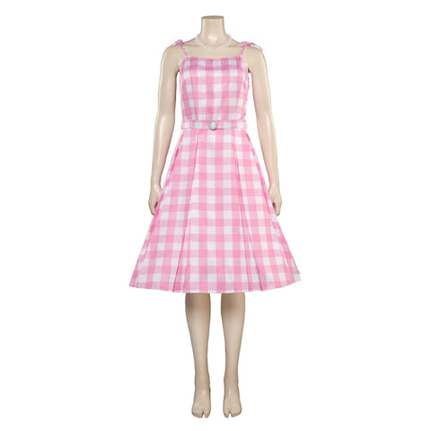 SeeCosplay BarB Pink Style Movie Margot Robbie Kids Girls Pink Plaid Long Dress Halloween Carnival Cosplay Costume BarBStyle