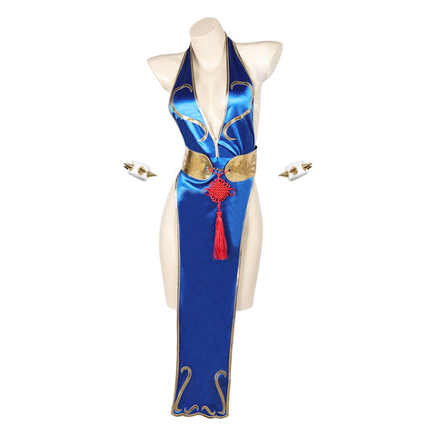 Game Street Fighter Chun Li Blue Sexy Cheongsam Outfits Cosplay Costume Halloween Carnival Suit