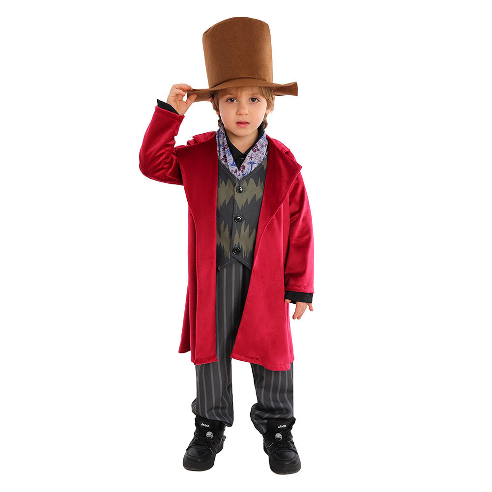 Wonka 2023 Willy Wonka Cosutme Kids Willy Wonka Red Coat Outfits ...