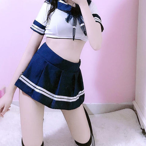 Uniform School Sailor Collar Bow Stripe Lingerie Skirt Set