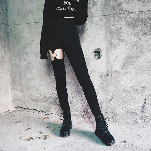 Broken Hole Elastic Waist Skinny Black Casual Pants