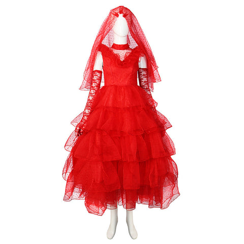 Movie Beetle Juice Lydia Women Red Wedding Dress Party Carnival Halloween Cosplay Costume Female