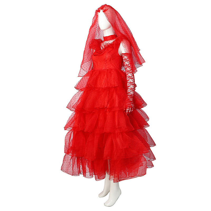 [Full In Stock] Beetle Juice: Lydia Women Red Wedding Dress Party Carnival Halloween Cosplay Costume Female