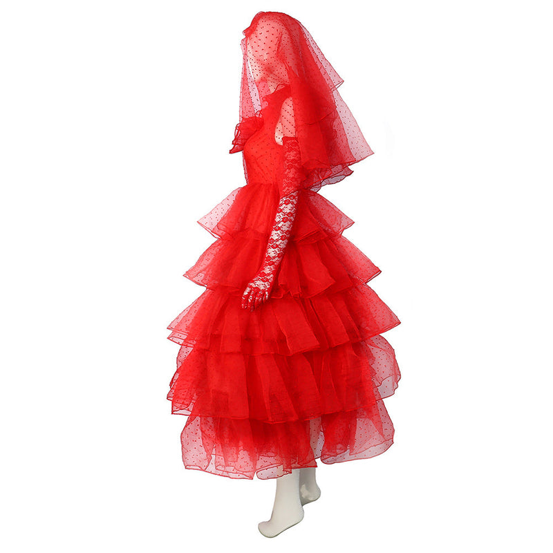 Movie Beetle Juice Lydia Women Red Wedding Dress Party Carnival Halloween Cosplay Costume Female