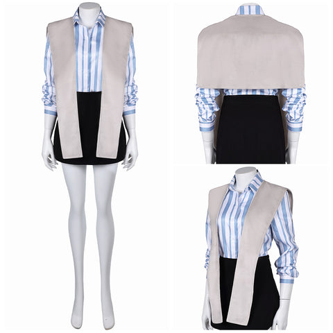 Movie Miller's Girl (2024) Cairo Blue Daily Wear Striped Shirt Set Outfits Cosplay Costume Halloween Carnival Suit