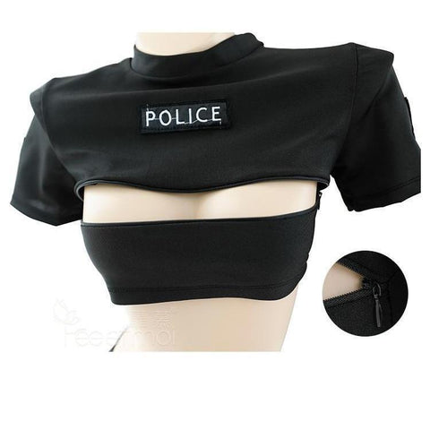 Open Bust Zipper Brassiere Police Costume Sexy Uniform Lingerie #JU2599