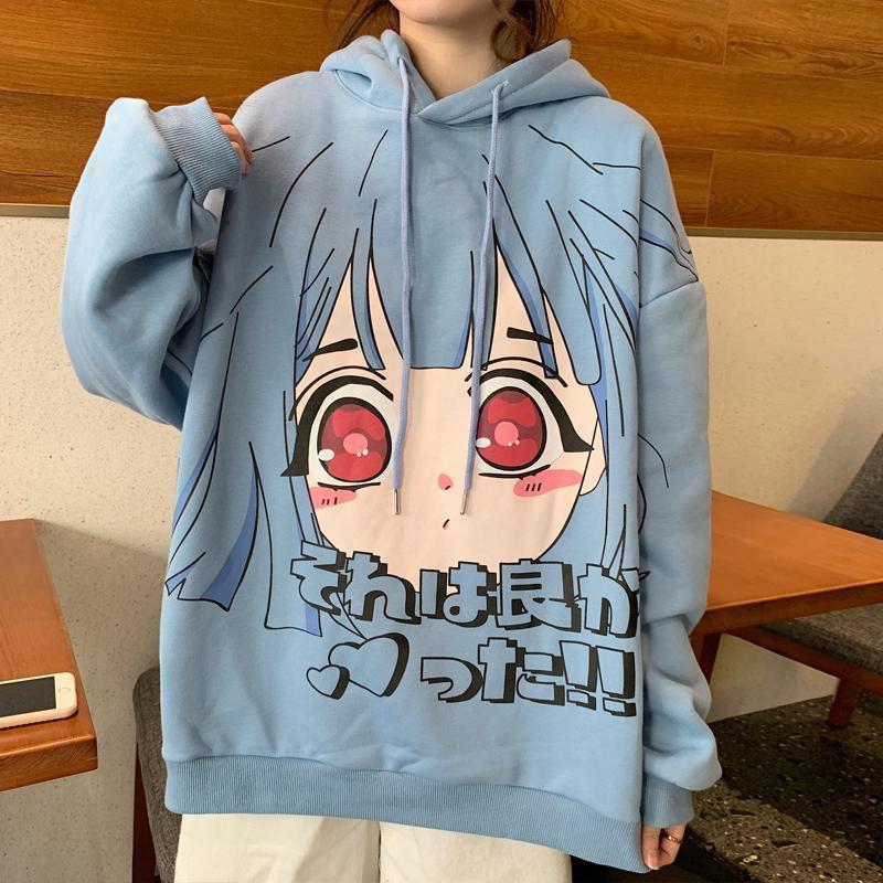 Anime Hoodies Frauen Winter Mode Kawaii Sweatshirt Langarm Nette Tops Lose Druck Plus Samt Warme Pullover Frau Kleidung