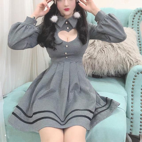 Sexy Heart Dress Open Chest Cutout Long Sleeve with Collar [3 Colors] #JU2154