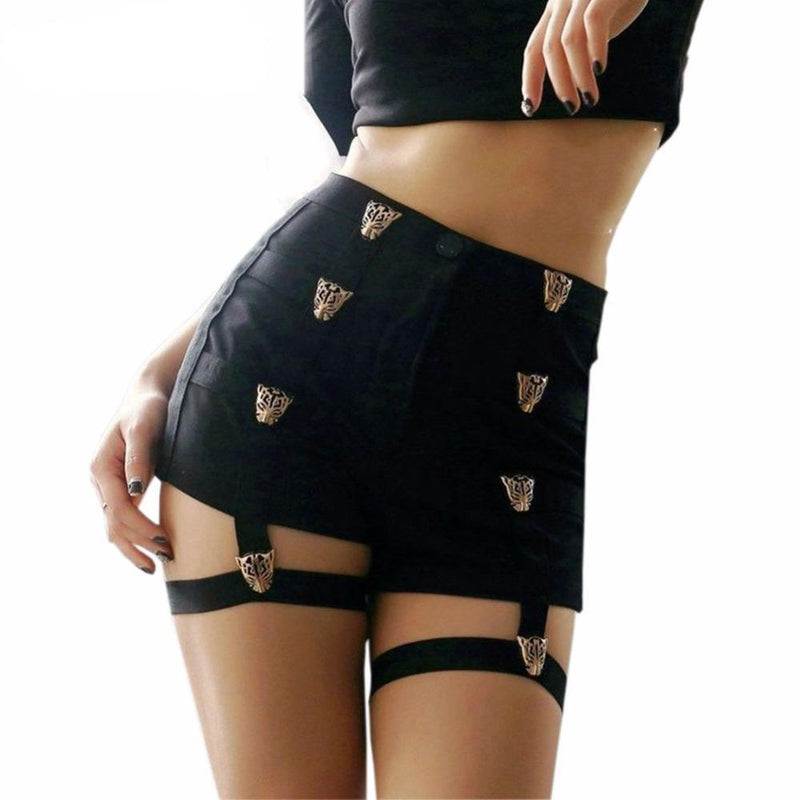 Sexy High Waist Goth Punk Shorts Metal Leopard Button #JU2033