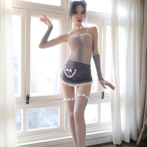 Sexy Maid Gray See Through Mesh Lingerie Roleplay Costume #JU2541