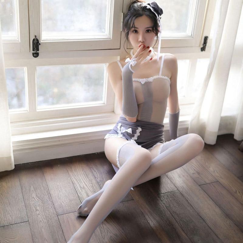 Sexy Maid Grey Durchsichtiges Mesh-Dessous-Rollenspiel-Kostüm #JU2541